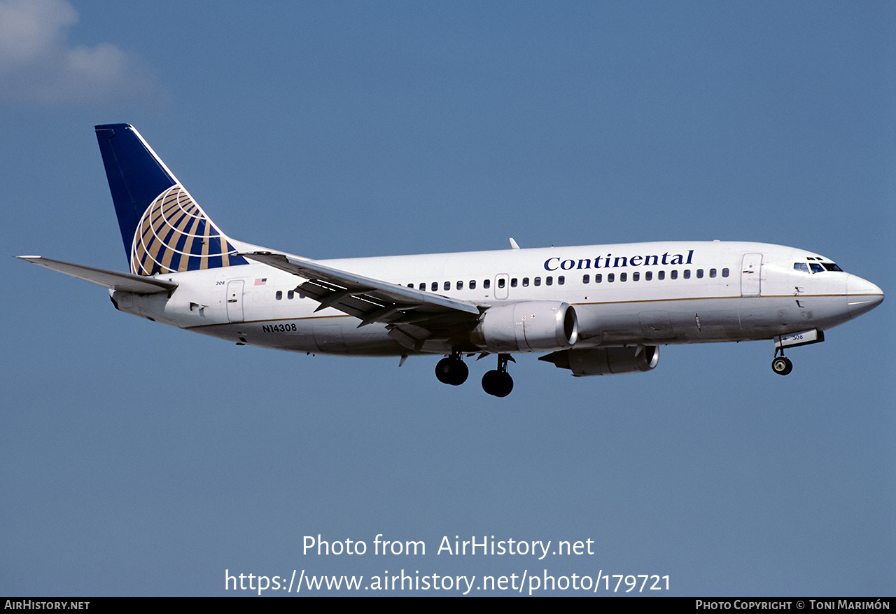 Aircraft Photo of N14308 | Boeing 737-3T0 | Continental Airlines | AirHistory.net #179721