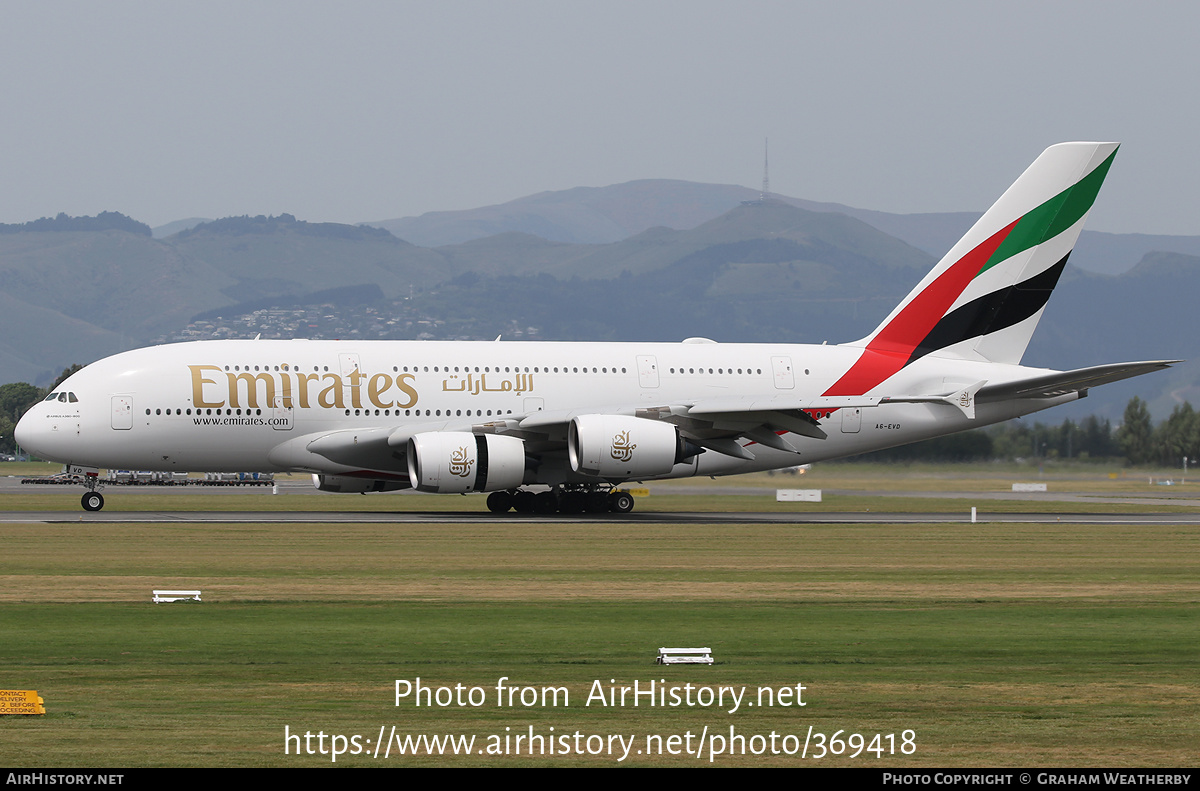 Aircraft Photo of A6-EVD | Airbus A380-842 | Emirates | AirHistory.net #369418