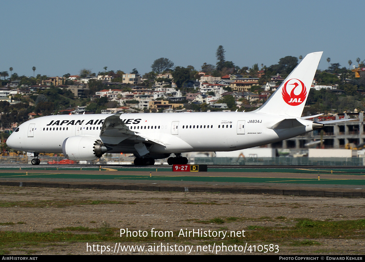 Aircraft Photo of JA834J | Boeing 787-8 Dreamliner | Japan Airlines - JAL | AirHistory.net #410583