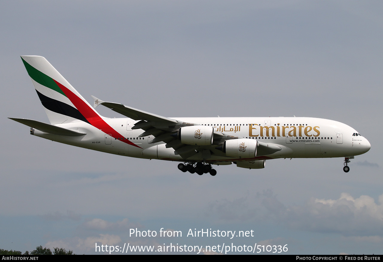 Aircraft Photo of A6-EUR | Airbus A380-842 | Emirates | AirHistory.net #510336