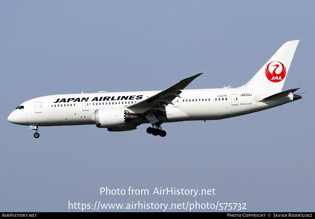 Aircraft Photo of JA834J | Boeing 787-8 Dreamliner | Japan Airlines - JAL | AirHistory.net #575732