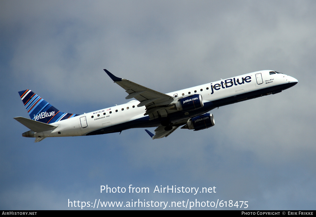 Aircraft Photo of N374JB | Embraer 190AR (ERJ-190-100IGW) | JetBlue Airways | AirHistory.net #618475