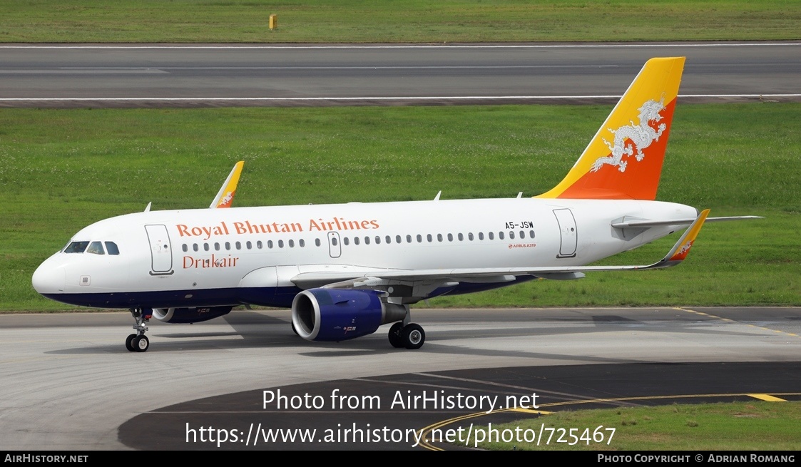 Aircraft Photo of A5-JSW | Airbus A319-115 | Drukair - Royal Bhutan Airlines | AirHistory.net #725467