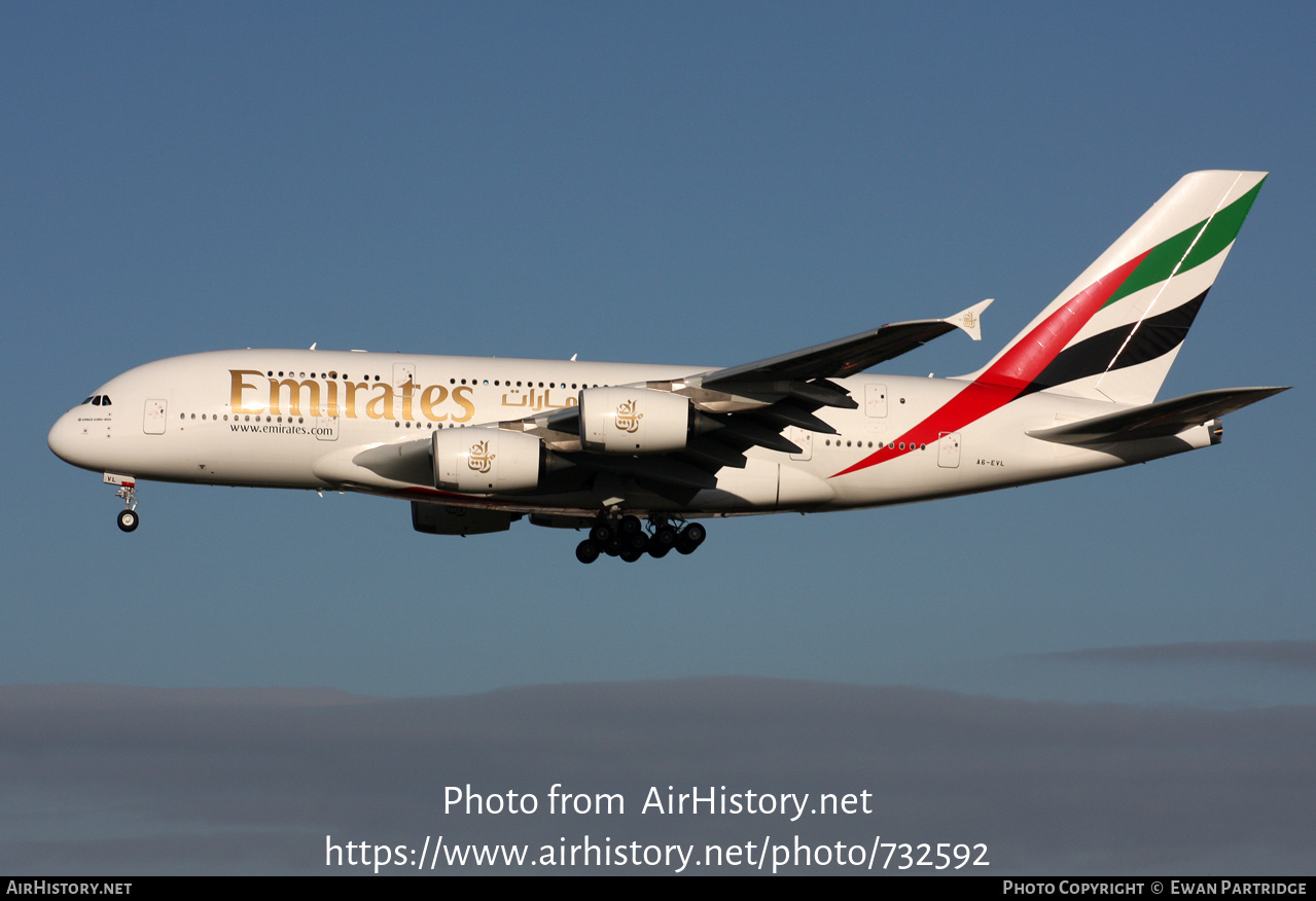 Aircraft Photo of A6-EVL | Airbus A380-842 | Emirates | AirHistory.net #732592