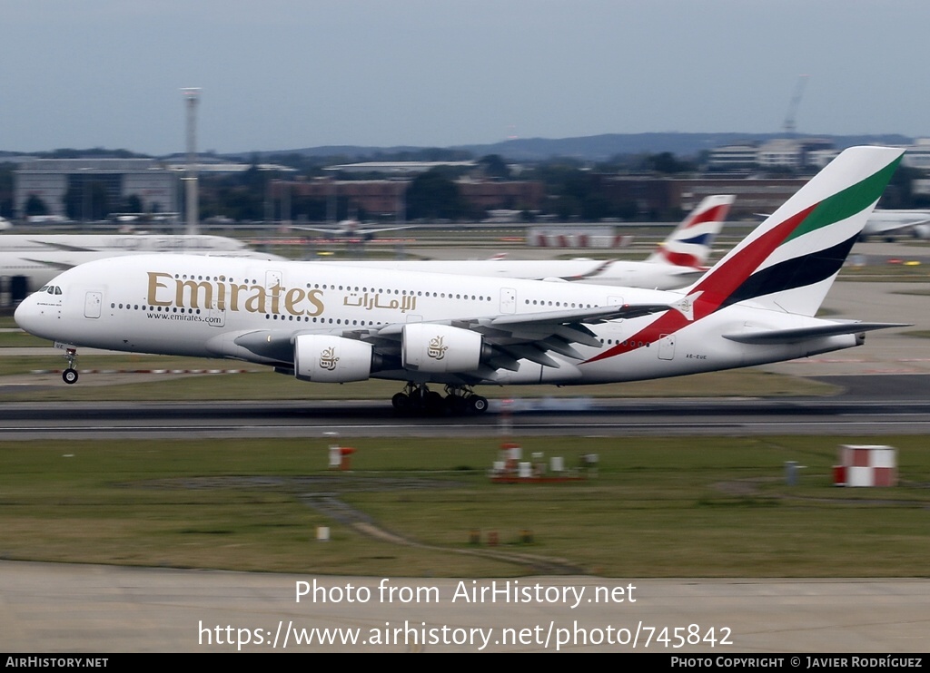 Aircraft Photo of A6-EUE | Airbus A380-861 | Emirates | AirHistory.net #745842