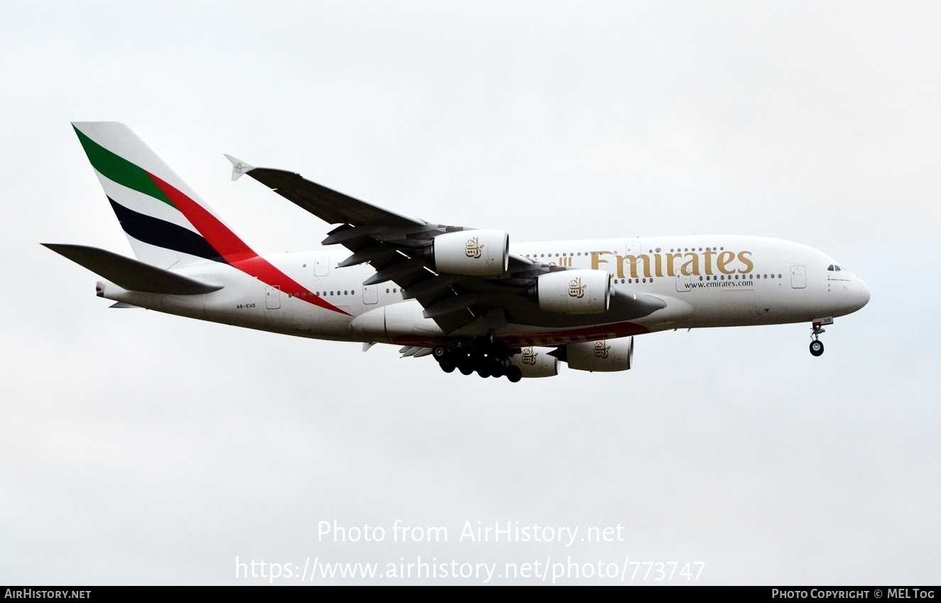 Aircraft Photo of A6-EUD | Airbus A380-861 | Emirates | AirHistory.net #773747