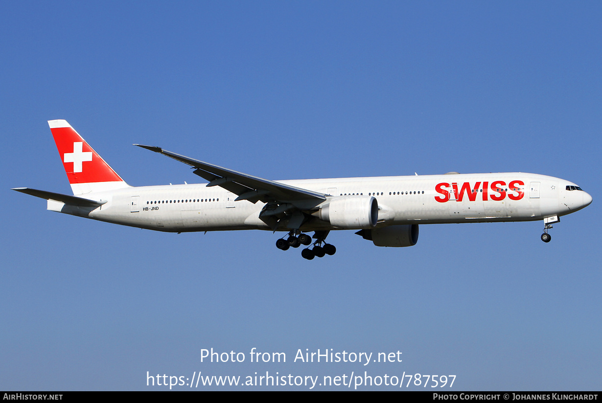 Aircraft Photo of HB-JND | Boeing 777-3DE/ER | Swiss International Air Lines | AirHistory.net #787597